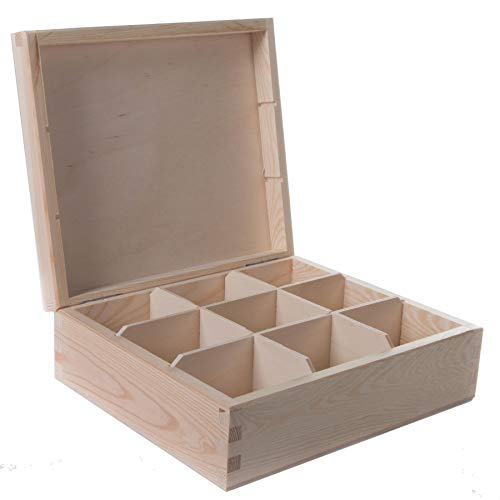 Holz Dekokiste mit 9 Fächern | 24 x 21 x 8 cm | Zubehör Aufbewahrungsbox Teebeutel Nähen Schmuck Caddy Organizer Unterteilt | Natur unbemalt & unbehandelt zum Basteln von WooDeeDoo