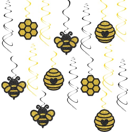 Honighummel hängende Wirbel-Dekorationen, Honigbienen-Thema, Kindergeburtstag, Party, Babyparty, Geschlechtsoffenbarung, Brautdusche, doppelseitig, schwarz, gold, glitzernd Honighummel hängende Wirbel-Dekorationen, Honigbienen-Thema, Kindergeburtstag, Party, Babyparty, Geschlechtsoffenbarung, Brautdusche, doppelseitig, schwarz, gold, glitzernd von WooHooMoMo