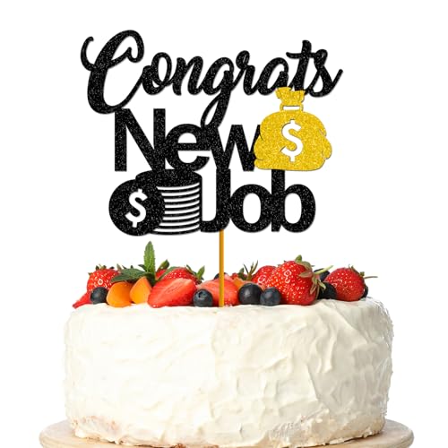 Tortenaufsatz mit Aufschrift "Congrats New Job Who Dis", Abschied, Goodluck, We Will Miss You, Party-Dekorationen, Zubehör, Schwarz und Gold, Glitzer Tortenaufsatz mit Aufschrift "Congrats New Job Who Dis", Abschied, Goodluck, We Will Miss You, Party-Dekorationen, Zubehör, Schwarz und Gold, Glitzer von WooHooMoMo