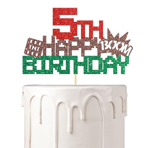 Pixel-Kuchenaufsatz zum 5. Geburtstag, Aufschrift "Cheers to 5th Birthday", Kuchendekoration, für Jungen und Mädchen, 5 Jahre alt, Party-Dekoration, Glitzer (Rot, Grün, Braun) von Woobobii