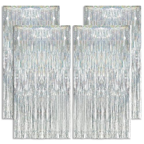 4 Vorhänge aus Metall, silberfarben (1 x 2 m), Dekoration aus Folie, Pailletten, für Silvester, Hochzeitsfeier, Dekoration, Geburtstag, Vorhänge mit Fransen aus Aluminium von Woobroo
