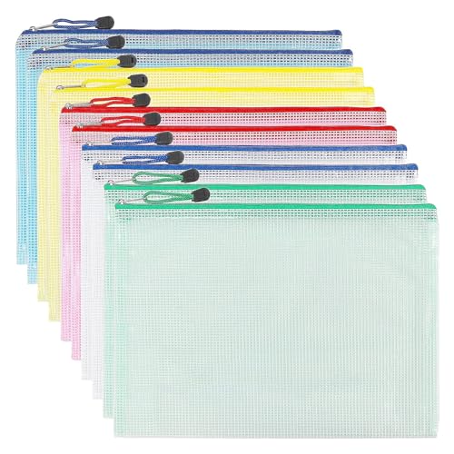 Dokumententasche mit Reißverschluss, A4, 5 Farben, PVC, transparent, Dokumentenmappe, Netz-Reißverschluss, für Reisen, Büro, Reisen, Zubehör (10 Stück) von Woobroo