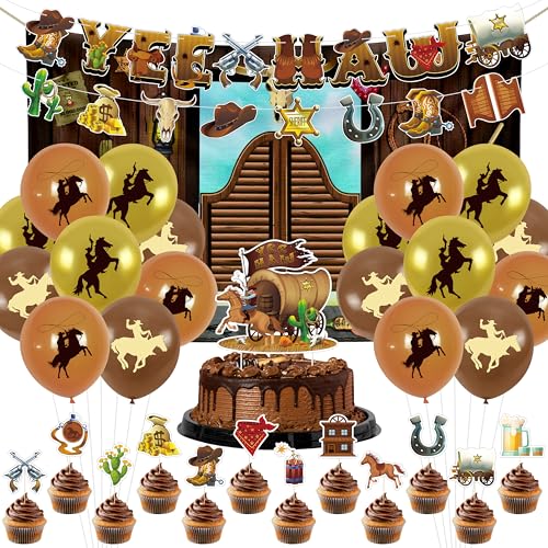 Cowboy-Party-Dekoration, Western-Hintergrund, Ballon-Kuchenaufsatz Cowboy-Party-Dekoration, Western-Hintergrund, Ballon-Kuchenaufsatz von Wood Homing
