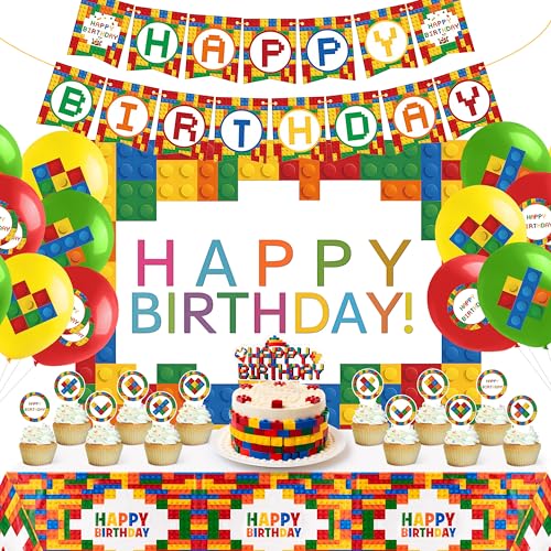 Wood Homing Baustein-Geburtstagsdekoration – buntes Partyzubehör mit "Happy Birthday"-Banner, Kuchenaufsatz für Kinder, Jungen, Teenager, einschließlich Bausteinen, Hängedekor, Geschirr und Wood Homing Baustein-Geburtstagsdekoration – buntes Partyzubehör mit "Happy Birthday"-Banner, Kuchenaufsatz für Kinder, Jungen, Teenager, einschließlich Bausteinen, Hängedekor, Geschirr und von Wood Homing
