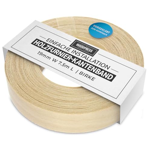 WoodPress® 19 mm Echte Birke zum Aufbügeln - 7,5 m Rolle - vorgeklebtes Holzfurnierband für einfache DIY-Anwendung - deckt den Rand Einer Standard-MDF-Platte ab von WoodPress