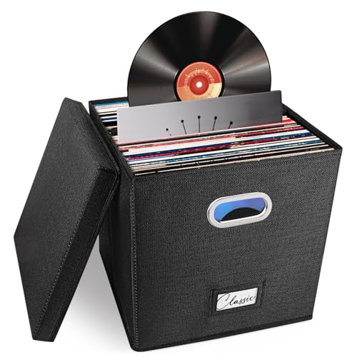 Vinyl-Schallplatten-Aufbewahrungsbox für 50+ einzelne LPs (30,5 cm), stapelbare Alben, Leinenkiste mit Deckel, zusammenklappbarer Musiksammlungshalter, Dokumentenmappe, Schrank, Organizer mit Griff von Woodoulogy