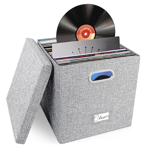 Vinyl-Schallplatten-Aufbewahrungsbox für 50+ einzelne LPs (30,5 cm), stapelbare Alben, Leinenkiste mit Deckel, zusammenklappbarer Musiksammlungshalter, Dokumentenmappe, Schrank, Organizer mit Griff von Woodoulogy
