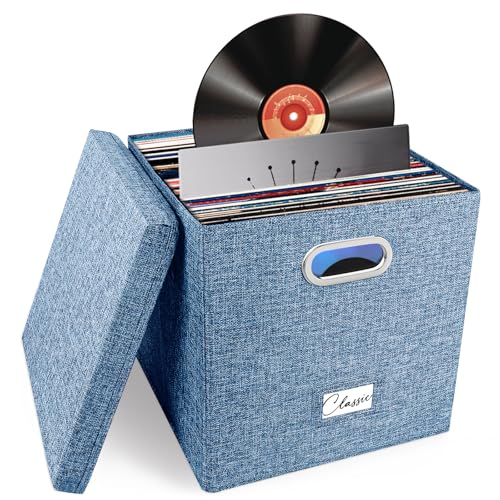 Vinyl-Schallplatten-Aufbewahrungsbox für 50+ einzelne LPs (30,5 cm), stapelbare Alben, Leinenkiste mit Deckel, zusammenklappbarer Musiksammlungshalter, Dokumentenmappe, Schrank, Organizer mit Griff von Woodoulogy