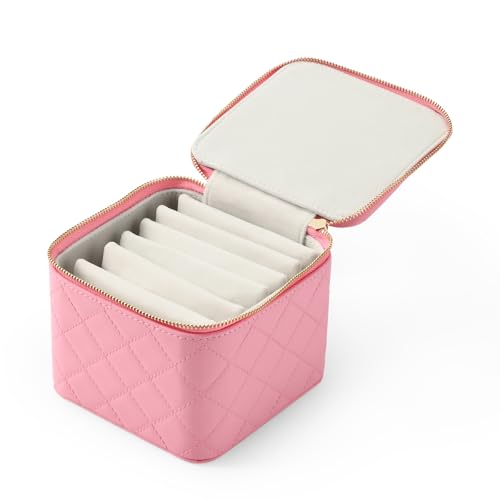 Woodten Reise-Schmuckschatulle, Organizer, kleines Schmuckkästchen mit 6 kleinen Samt-Reißverschlusstaschen, für Schmuck, Halsketten, Ringe, Ohrringe, Aufbewahrung (Rosa) von Woodten