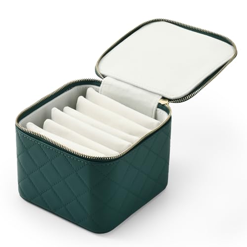 Woodten Reise-Schmuckschatulle – kleines Schmuckkästchen mit 6 kleinen Samttaschen mit Reißverschluss für Schmuck, Halsketten, Ringe, Ohrringe (Blaugrün) von Woodten
