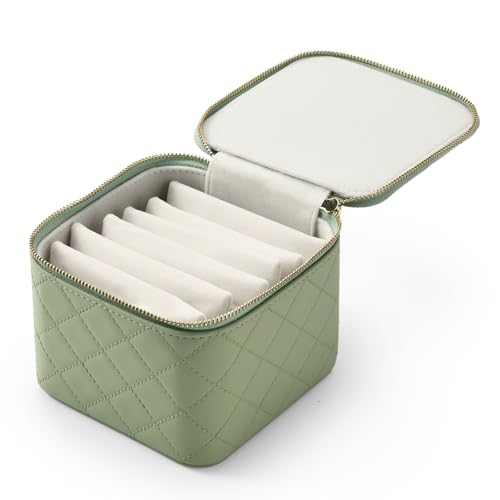 Woodten Reise-Schmuckschatulle – kleines Schmuckkästchen mit 6 kleinen Samttaschen mit Reißverschluss für Schmuck, Halsketten, Ringe, Ohrringe (grün) von Woodten