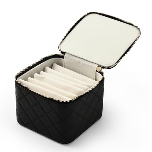 Woodten Reise-Schmuckschatulle – kleines Schmuckkästchen mit 6 kleinen Samttaschen mit Reißverschluss für Schmuck, Halsketten, Ringe, Ohrringe (schwarz) von Woodten