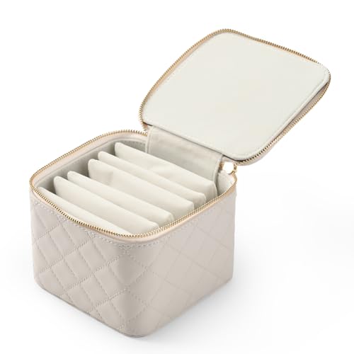 Woodten Reise-Schmuckschatulle – kleines Schmuckkästchen mit 6 kleinen Samttaschen mit Reißverschluss für Schmuck, Halsketten, Ringe, Ohrringe (weiß) von Woodten