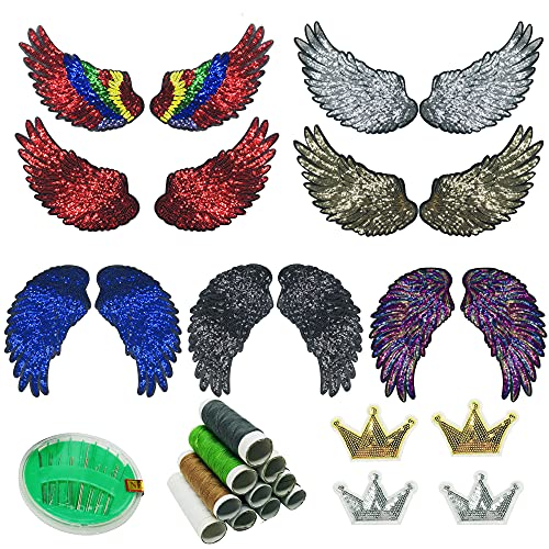 Woohome 10 Stück Pailletten-Flügel-Set zum Aufbügeln - 7 Paar Engelsflügel und 2 Kronen-Applikationen - Bestickte Bling Aufkleber für Jacken, Tuch, DIY Dekoration Zubehör von Woohome