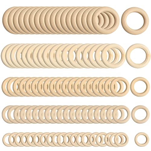 Woohome 100 Stück Holzringe Naturholz Runde Ringe Makramee Ringe Wohnkultur, DIY Schmuckherstellung Projekte, Anhängerverbinder Perle, 5 Größe von Woohome