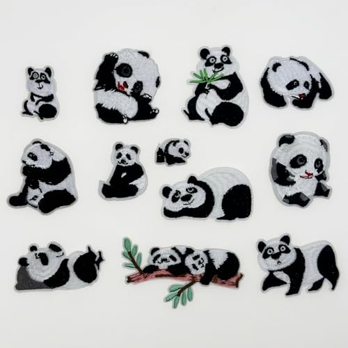 Woohome 12 Stück Panda Aufnäher zum Aufbügeln Panda Stickerei Patches Dekorative Aufnähen Applikation Patch für Jeans Jacken Kleidung Rucksack Kappe DIY Handwerk Nähen Herstellung von Woohome