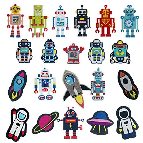 Woohome 21 Stück Roboter-Aufnäher zum Aufbügeln, Sonnensystem, Rakete, bestickte Applikation, Aufnäher für Kleidung, Schuhe, Jacken, Jeans von Woohome