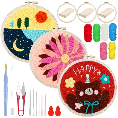 Woohome 3 Stück Punch Needle Anfänger Stickerei Set, Punch Needle Stoff mit Muster, Stickrahmen, Fäden, Anleitung für Kunsthandwerk (Blume, See und Bär) von Woohome