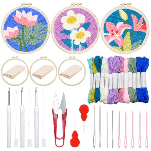 Woohome 3 Stück Punch Needle Anfänger Stickerei Set, Punch Needle Stoff mit Muster, Stickrahmen, Fäden, Anleitung für Kunsthandwerk (Chrysantheme, Lotus, Lilie) von Woohome