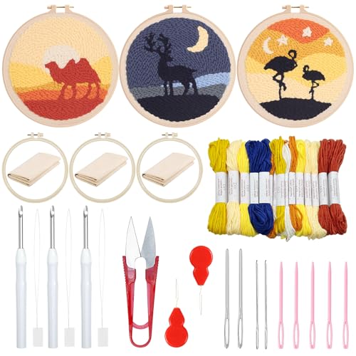 Woohome 3 Stück Punch Needle Anfänger Stickerei Set, Punch Needle Stoff mit Muster, Stickrahmen, Fäden, Anleitung für Kunsthandwerk (Kamel, Flamingo, Elch) von Woohome