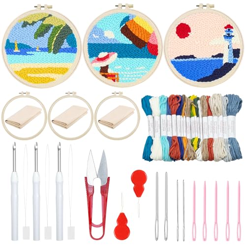 Woohome 3 Stück Punch Needle Anfänger Stickerei Set, Punch Needle Stoff mit Muster, Stickrahmen, Fäden, Anleitung für Kunsthandwerk (Leuchttürme, Segelboote, Blauer Himmel) von Woohome
