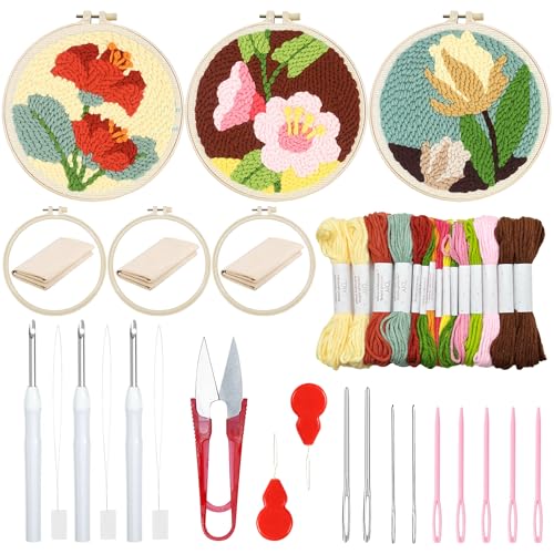 Woohome 3 Stück Punch Needle Anfänger Stickerei Set, Punch Needle Stoff mit Muster, Stickrahmen, Fäden, Anleitung für Kunsthandwerk (Rote, Rosa und Gelbe Blumen) von Woohome