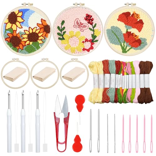 Woohome 3 Stück Punch Needle Anfänger Stickerei Set, Punch Needle Stoff mit Muster, Stickrahmen, Fäden, Anleitung für Kunsthandwerk (Sonnenblumen, Schmetterlinge und Blumen) von Woohome