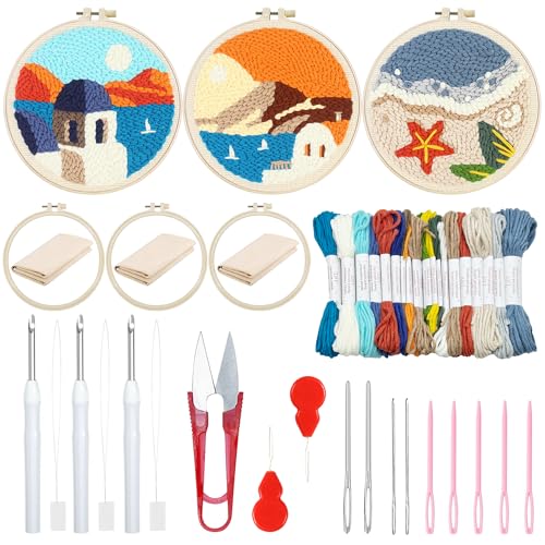 Woohome 3 Stück Punch Needle Anfänger Stickerei Set, Punch Needle Stoff mit Muster, Stickrahmen, Fäden, Anleitung für Kunsthandwerk (Strand, Hütte, Sonnenuntergang) von Woohome