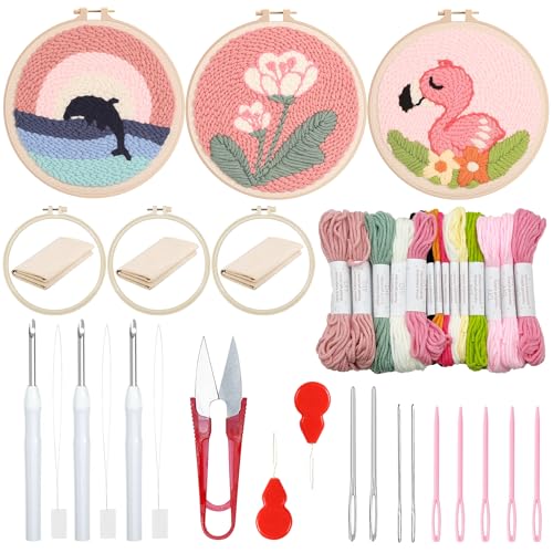 Woohome 3 Stück Punch Needle Anfänger Stickerei Set, Punch Needle Stoff mit Muster, Stickrahmen, Fäden, Anleitung für Kunsthandwerk (Wale, Blumen, Vogel) von Woohome