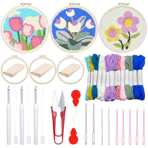 Woohome 3 Stück Punch Needle Anfänger Stickerei Set, Punch Needle Stoff mit Muster, Stickrahmen, Fäden, Anleitung für Kunsthandwerk (Weiße, Rosa und Violette Blumen) von Woohome