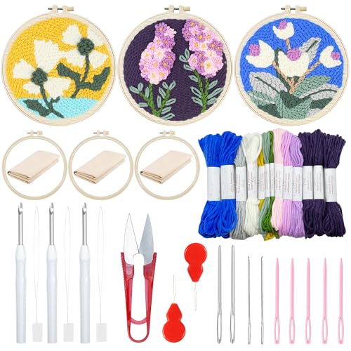Woohome 3 Stück Punch Needle Anfänger Stickerei Set, Punch Needle Stoff mit Muster, Stickrahmen, Fäden, Anleitung für Kunsthandwerk (Weiße und Lila Blumen) von Woohome