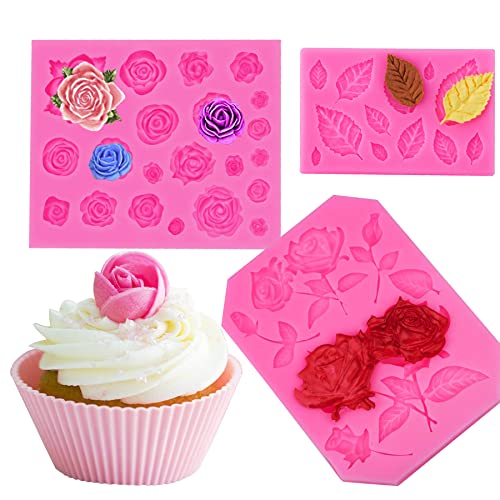 Woohome 3 Stück Silikon Fondant Kuchen Formen, 3D Rosen Silikonform für Fondant Blätter Fondant Silikonform für Kuchen Dekoration, Cupcake Topper von Woohome