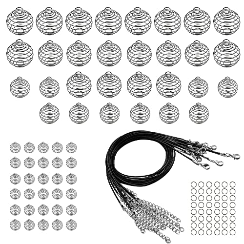 Woohome 60 Stück Perlenkäfig-Anhänger, Spiralperlen, 4 Größen, versilberter Steinhalter mit 10 Stück schwarzem Wachsseil, Biegeringe für Schmuckherstellung und Basteln von Woohome