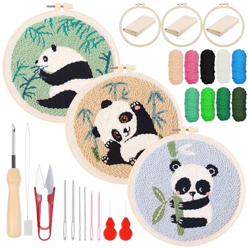 Woohome DIY Needle Punch Handwerk Stickerei, Punch Needle Set für Anfänger, Sticktuch mit Muster, Stickrahmen Fäden, Anleitung (Panda und Bambus) von Woohome