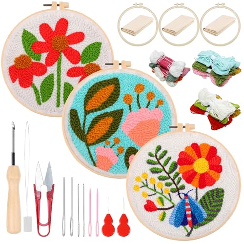 Woohome DIY Needle Punch Handwerk Stickerei, Punch Needle Set für Anfänger, Sticktuch mit Muster, Stickrahmen Fäden, Anleitung (Rote und Rosa Blume) von Woohome