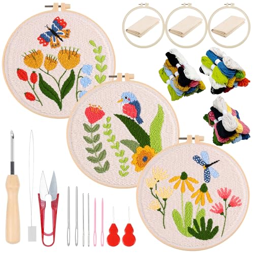 Woohome DIY Needle Punch Handwerk Stickerei, Punch Needle Set für Anfänger, Sticktuch mit Muster, Stickrahmen Fäden, Anleitung (Schmetterling, Libelle und Vogel) von Woohome