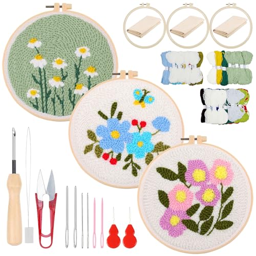 Woohome DIY Needle Punch Handwerk Stickerei, Punch Needle Set für Anfänger, Sticktuch mit Muster, Stickrahmen Fäden, Anleitung (Weiße, Blaue und Lila Blumen) von Woohome