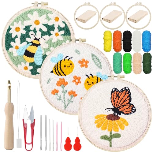 Woohome DIY Needle Punch Handwerk Stickerei, Punch Needle Set für Anfänger, Sticktuch mit Muster, Stickrahmen Fäden, Anleitung (Wespe und Schmetterlinge) von Woohome