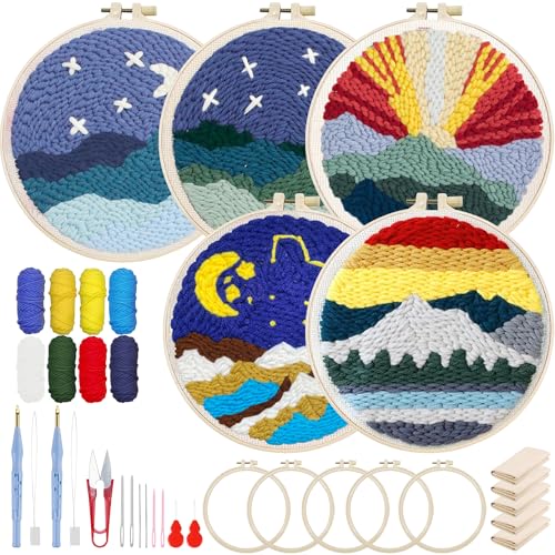 Woohome Punch Needle Kit, Stanznadel Stickerei Starter Kit, Sticktuch mit Muster, Stickrahmen Fäden, Anleitung für Kunsthandwerk (5 Sets, Nacht und See) von Woohome