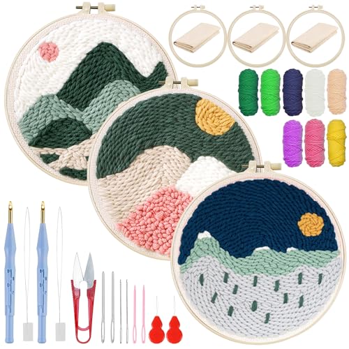 Woohome Punch Needle Kit, Stanznadel Stickerei Starter Kit, Sticktuch mit Muster, Stickrahmen Fäden, Anleitung für Kunsthandwerk (Bergkulisse) von Woohome
