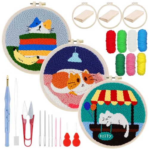 Woohome Punch Needle Kit, Stanznadel Stickerei Starter Kit, Sticktuch mit Muster, Stickrahmen Fäden, Anleitung für Kunsthandwerk (Faule Katze) von Woohome