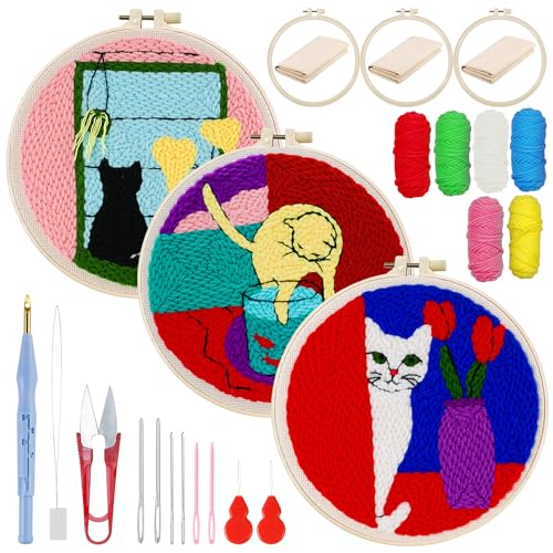 Woohome Punch Needle Kit, Stanznadel Stickerei Starter Kit, Sticktuch mit Muster, Stickrahmen Fäden, Anleitung für Kunsthandwerk (Katze und Vase) von Woohome