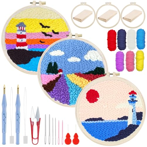 Woohome Punch Needle Kit, Stanznadel Stickerei Starter Kit, Sticktuch mit Muster, Stickrahmen Fäden, Anleitung für Kunsthandwerk (Leuchttürme und Blumenfelder) von Woohome