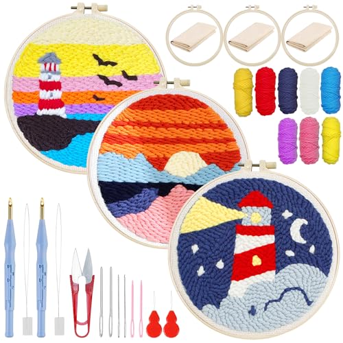 Woohome Punch Needle Kit, Stanznadel Stickerei Starter Kit, Sticktuch mit Muster, Stickrahmen Fäden, Anleitung für Kunsthandwerk (Leuchtturm und Sonnenuntergang) von Woohome