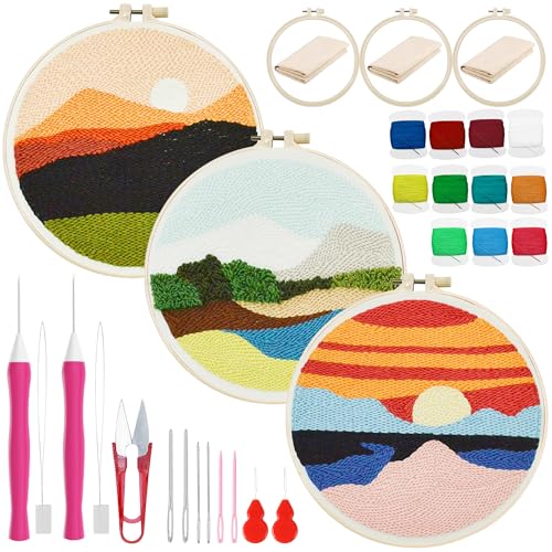 Woohome Punch Needle Kit, Stanznadel Stickerei Starter Kit, Sticktuch mit Muster, Stickrahmen Fäden, Anleitung für Kunsthandwerk (Sonne und blauer Himmel Landschaft) von Woohome