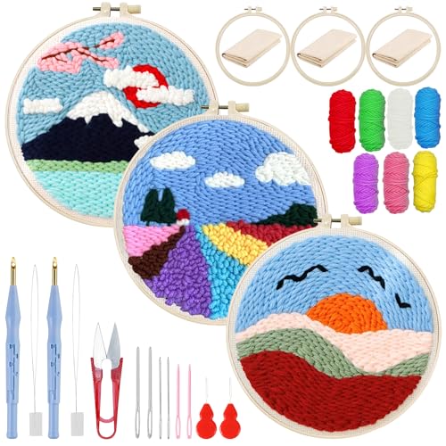 Woohome Punch Needle Kit, Stanznadel Stickerei Starter Kit, Sticktuch mit Muster, Stickrahmen Fäden, Anleitung für Kunsthandwerk (Sonnenuntergang und Blumenfelder) von Woohome