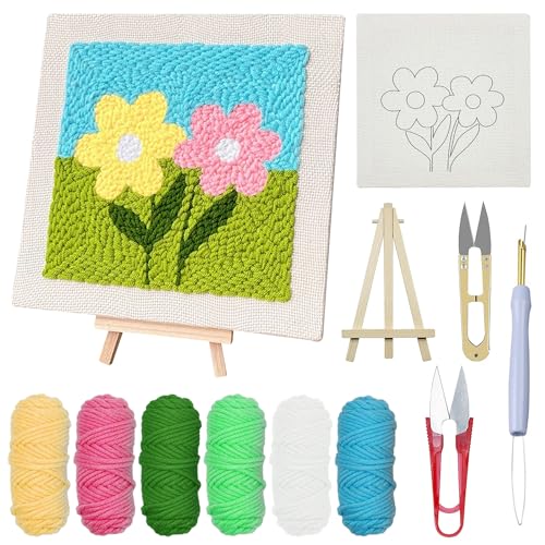 Woohome Rahmen Punch Needle Embroidery Starter Kit, Stanznadel Stickerei Starter Kit für Anfänger mit Blumenmuster, Stickrahmen, Garne, Stanznadel (Chrysanthemen) von Woohome