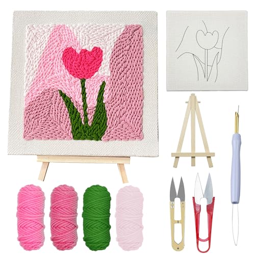 Woohome Rahmen Punch Needle Embroidery Starter Kit, Stanznadel Stickerei Starter Kit für Anfänger mit Blumenmuster, Stickrahmen, Garne, Stanznadel (Rosa und Tulpen) von Woohome