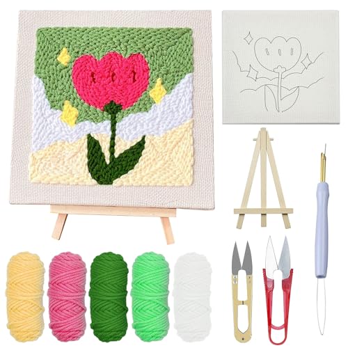 Woohome Rahmen Punch Needle Embroidery Starter Kit, Stanznadel Stickerei Starter Kit für Anfänger mit Blumenmuster, Stickrahmen, Garne, Stanznadel (Tulpen und Sterne) von Woohome