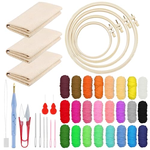 Woohome Stickerei Starter Kit Punch Needle Kit mit Stickrahmen, Stanznadeltuch, Garn, Punch Needle für Handwerk Stitching (18 Stück Starter Kits) von Woohome